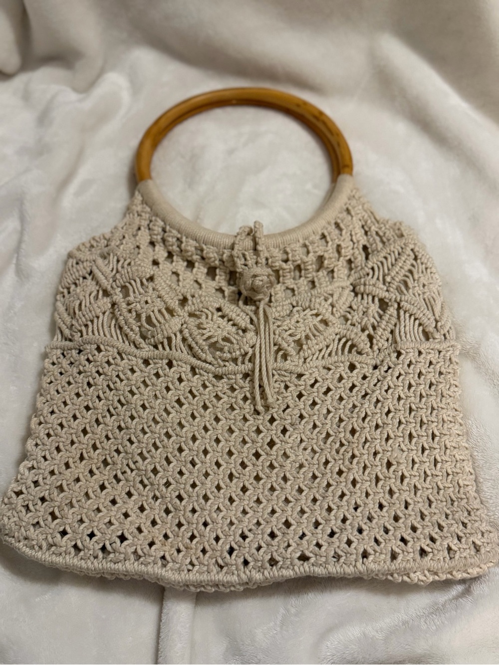 Mister Earnest Handmade Cream Crochet Shoulder Bag with Wooden Handles
